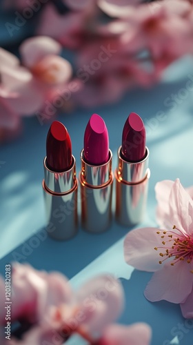 Beautiful lipsticks arranged among cherry blossom petals during springtime