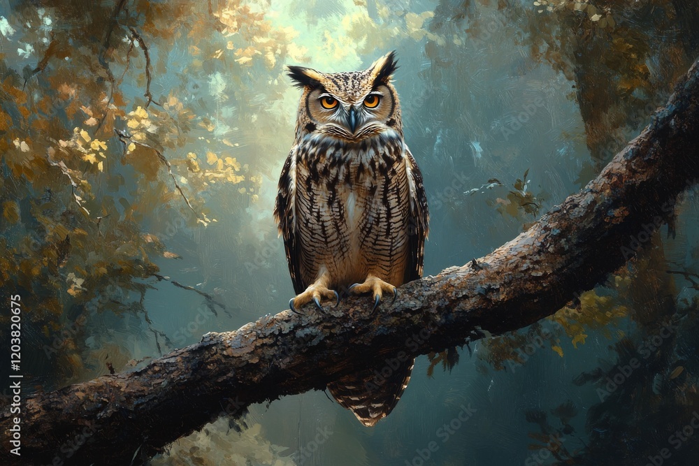 Obraz premium Majestic owl perched on an ancient tree in a misty landscape at dawn