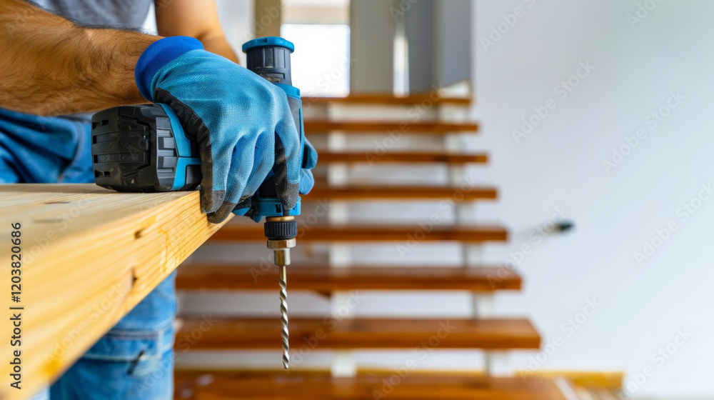 Fototapeta premium carpenter using power drill to repair wooden staircase with precision
