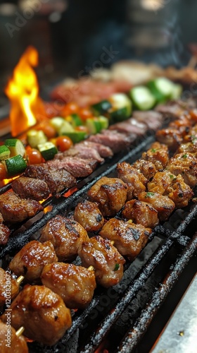Grilling skewers of meat and vegetables over open flames at a summer barbecue...