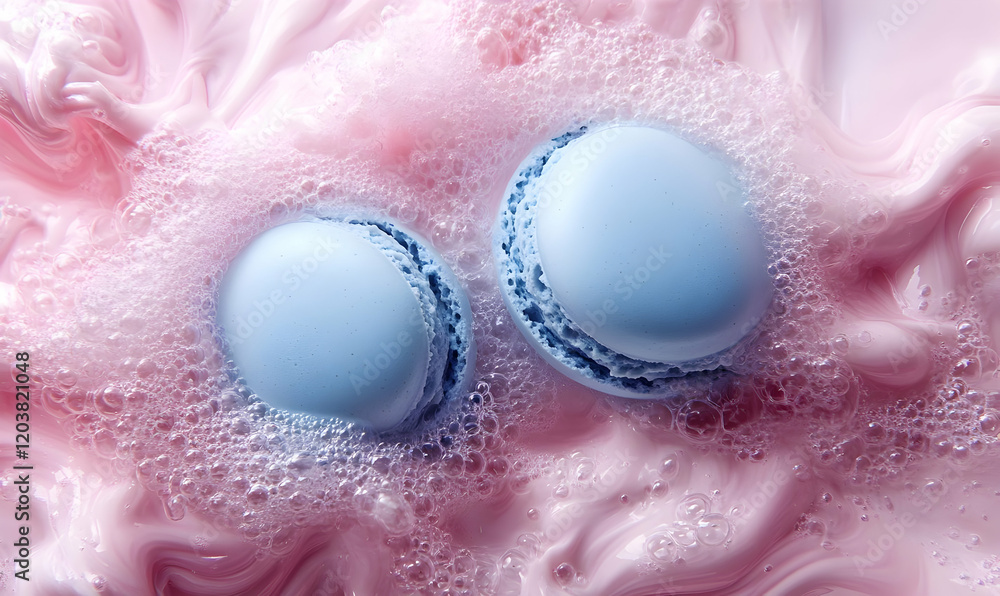 Fototapeta premium Blue macarons in pink foam bath