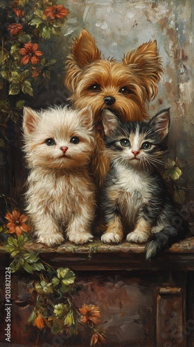 Four adorable pets cuddle together, showcasing friendship and warmth on a coz...