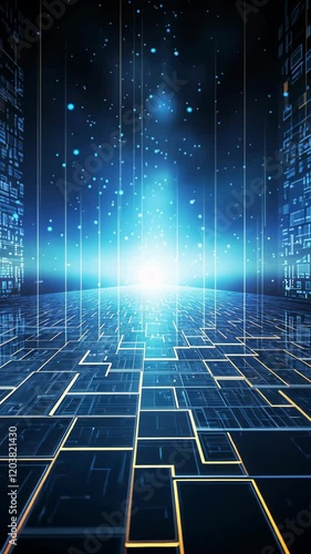 Abstract futuristic, animated background with blue and orange neon lights. IT, cyberspace, computer data transfer. Perfect for technology and cyber concepts. Virtual reality, artificial intelligence.