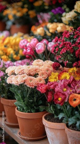 Vibrant flowers in pots create a colorful display in a floral shop during day...