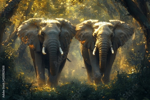 Two elephants standing in a lush green forest during early morning light