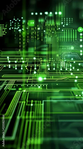 Abstract futuristic, animated background with green neon lights. IT, cyberspace, computer data transfer. Perfect for technology and cyber concepts. Virtual reality, artificial intelligence.