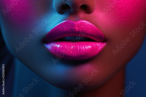 Vibrant close-up of glossy lips illuminated by pink and blue lights in a dark...