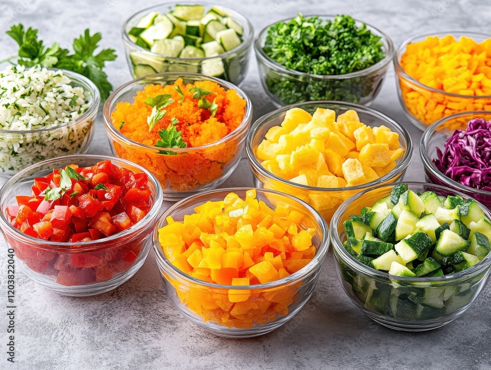 Gourmet meal preparation bright kitchen aerial view colorful dishes with fresh ingredients Gourmet meal preparation bright kitchen aerial view colorful dishes with fresh ingredients