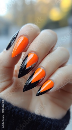 Elegant black and orange nail art with pointed tips displayed outdoors under ...