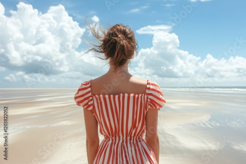 Woman in a striped dress stands by the beach with dark clouds overhead