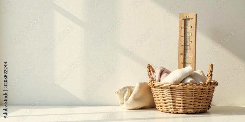 Fototapeta premium Warm, Soft Textiles in a Rustic Basket near a Wooden Thermometer in Sunlight