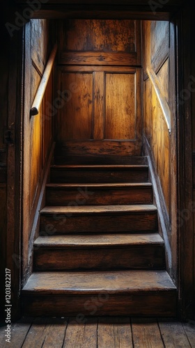 Light illuminates a wooden staircase in a cozy, rustic setting during early m...