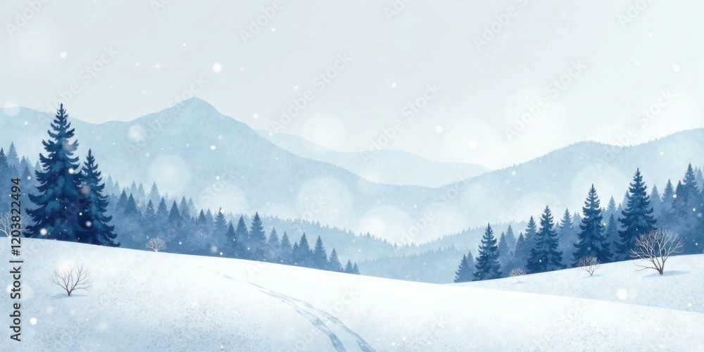 Fototapeta premium Serene Winter Landscape Snow-Covered Hills, Evergreen Forest, and Falling Snow in a Peaceful Mountain Setting