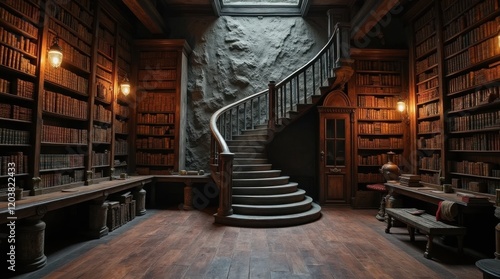 Ancient Library with Endless Bookshelves and Spiral Staircase