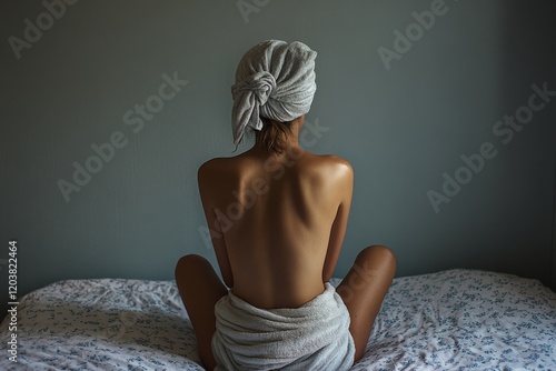 Woman with towel on bed in relaxing indoor setting captured from behind