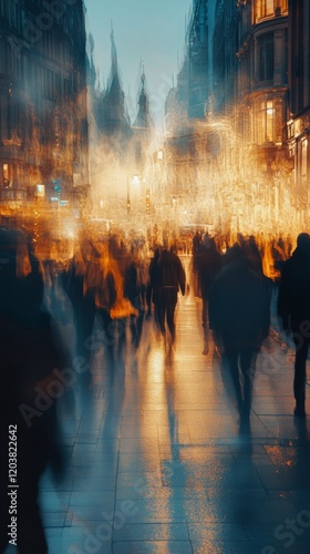 Crowd moving through city streets on a rainy day with blurred backgrounds and...