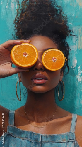 Girl holding a slice of orange in front of her face against a dark background...