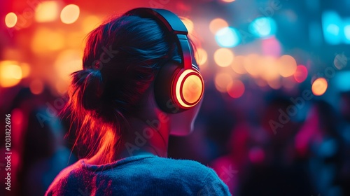 A club-goer with glowing headphones dancing in sync to the beat during a silent disco event.