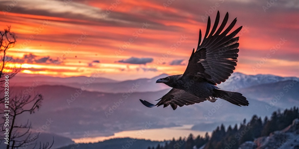 Naklejka premium Majestic Raven in Flight, Double Exposure Nature Photography