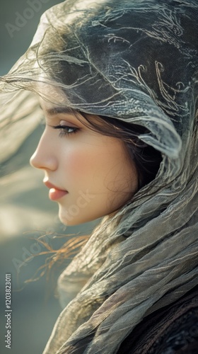 Elegant woman with flowing hair draped in scarf against a soft background dur...