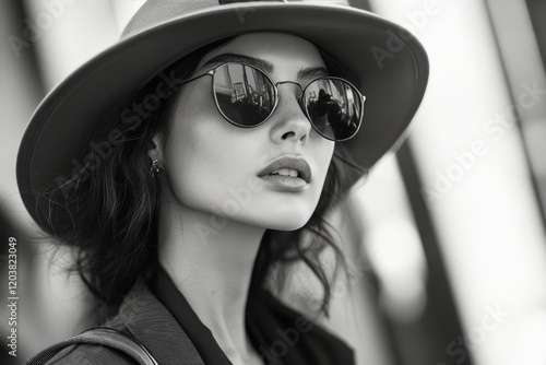 Elegance and style highlighted by a fashionable hat and sunglasses on a city ...