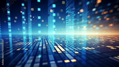 Abstract futuristic, animated background with blue and orange neon lights. IT, cyberspace, computer data transfer. Perfect for technology and cyber concepts. Virtual reality, artificial intelligence.