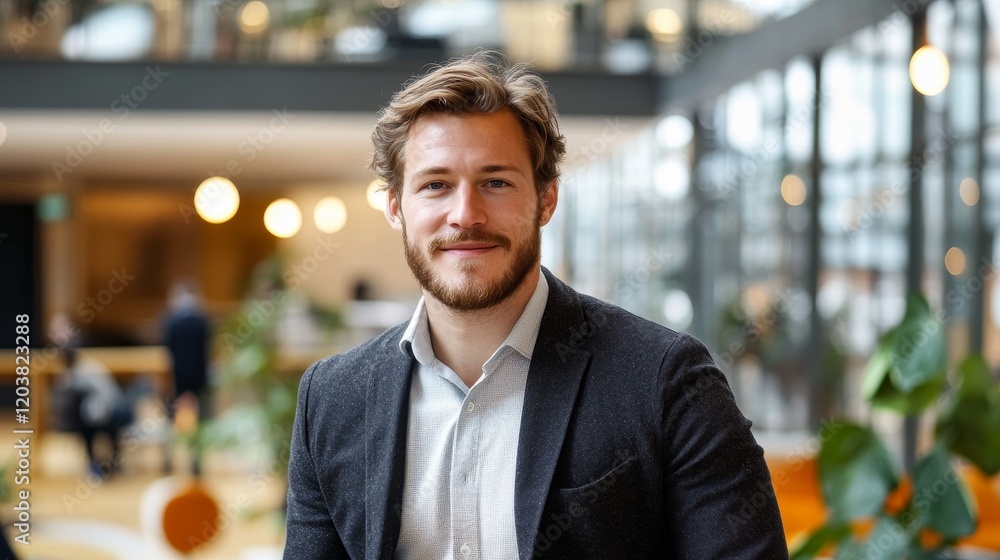 Fototapeta premium Modern Danish Businessman in Casual Blazer Working in Collaborative Office Setting