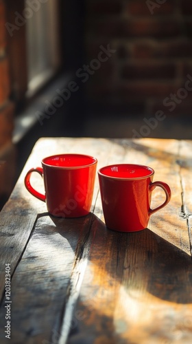 Red mugs on a wooden table reflecting soft sunlight in a cozy setting