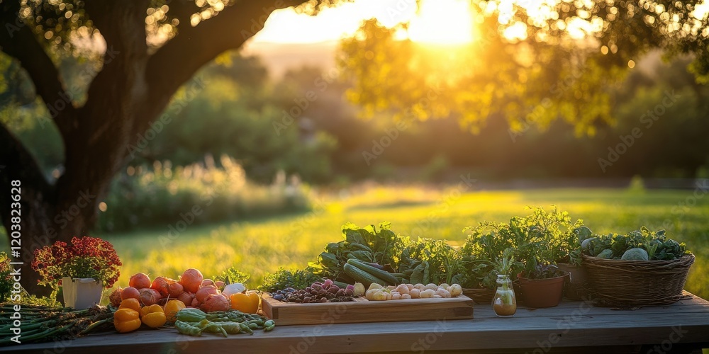 Farm-to-table outdoor setup featuring seasonal vegetables in golden hour light organic atmosphere scenic view Farm-to-table outdoor setup featuring seasonal vegetables in golden hour light organic atmosphere scenic view