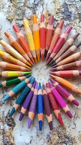 Colorful collection of colored pencils arranged in a circular pattern on text...
