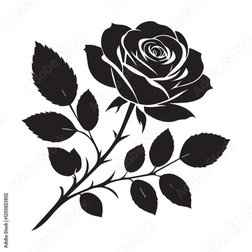 Decorative rose with long stem and leaves. Flower sketch. Vector illustration Silhouetted rose with leaves and thorns on stem, perfect for love and nature themed designs