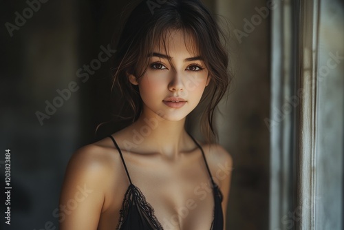 Model poses gracefully against textured background in soft natural light