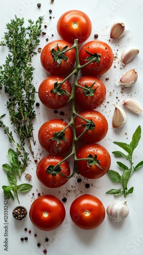 Fresh tomatoes arranged with herbs and spices ready for cooking in a minimali...
