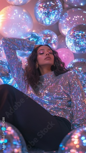 Sparkling fashion shoot with model posing among disco balls in vibrant colors