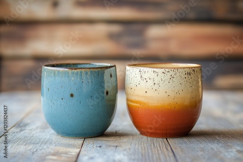 Ceramics displayed on a wooden table in a cozy cafe setting during the mornin...