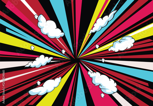 Retro colorful sunbeam background with clouds, pop art style, comic zoom lines