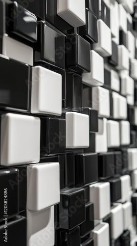 Unique arrangement of black and white tiles creating a modern wall design
