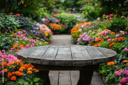 Vibrant flower garden with rustic wooden table in a lush outdoor setting duri...