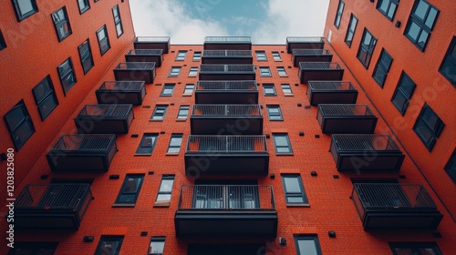 Majestic Red Brick Apartment Building, Modern Architecture, Urban Living photo