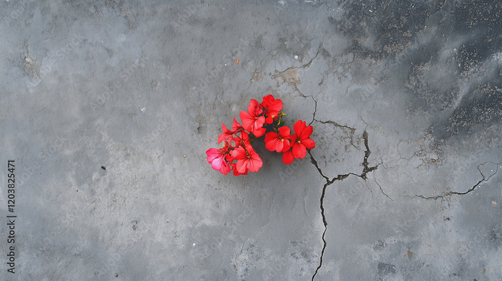 A small flower growing between cracks in a concrete sidewalk, bright and vibrant against the grey.