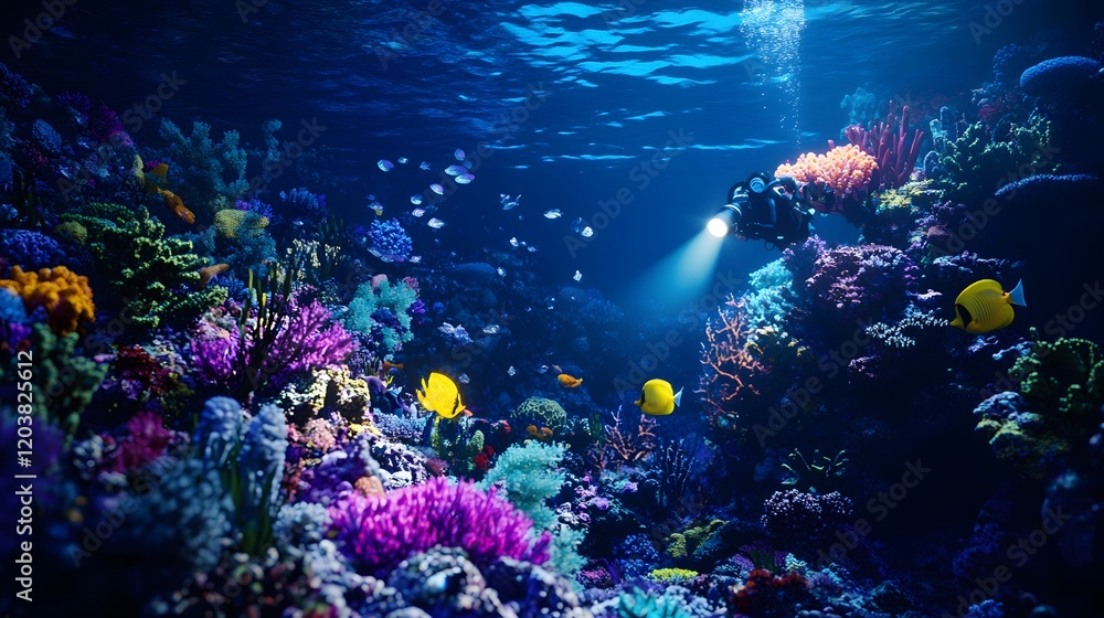 Fototapeta premium A deep-sea diver exploring a coral reef holding a flashlight surrounded by colorful marine life.