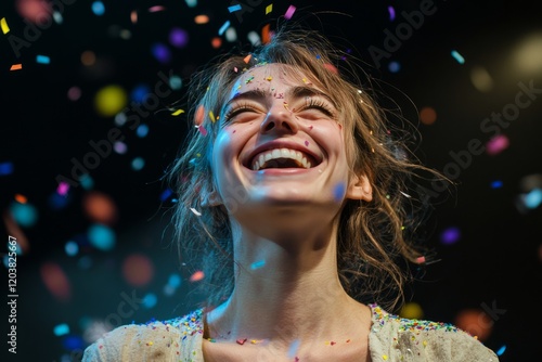Joyful celebration with colorful confetti and a smiling woman on a sunny day ...