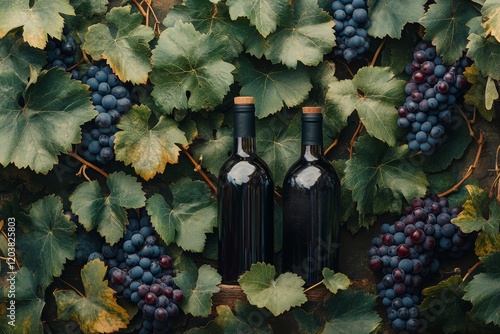Bottles of wine surrounded by fresh grapes on green leaves creating a vibrant...