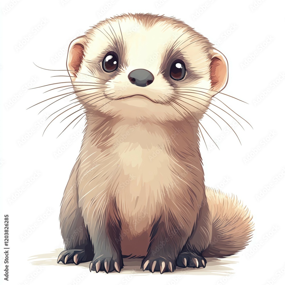 Obraz premium A cute ferret clipart, hand-drawn style, pastel, isolated on white background.