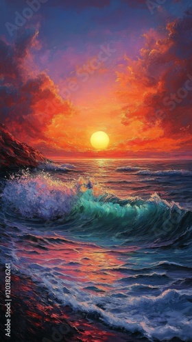 Sunset over ocean waves with vibrant colors and dramatic sky near rocky coast...