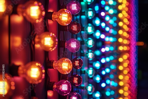 Vibrant display of colorful decorative lights shining in a dark setting