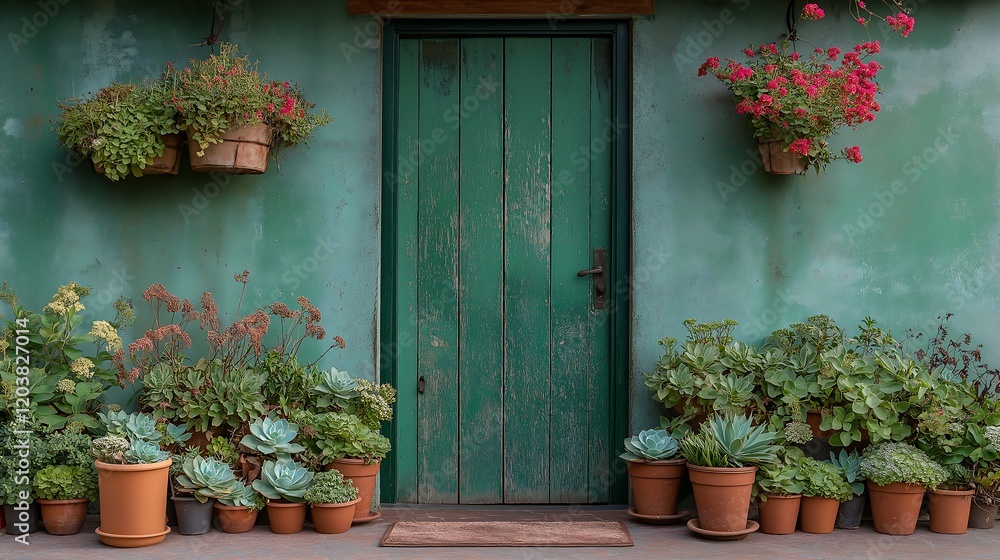 Naklejka premium Rustic house front with vibrant garden decor.