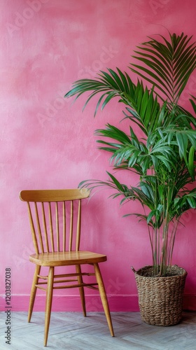 Wooden chair next to potted plant against vibrant pink wall in a cozy setting