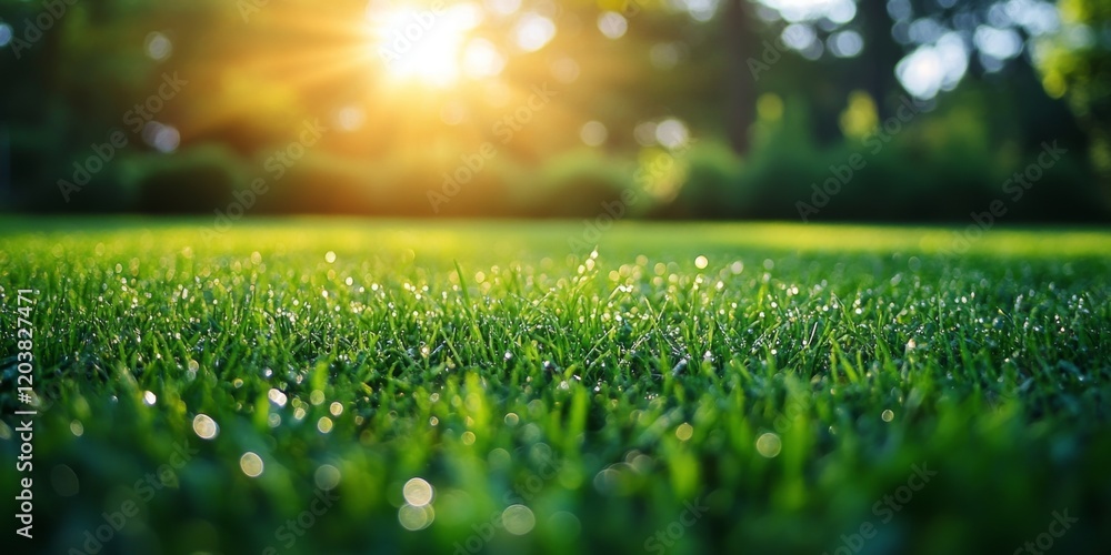 Naklejka premium Green grass field glowing under warm sunlight