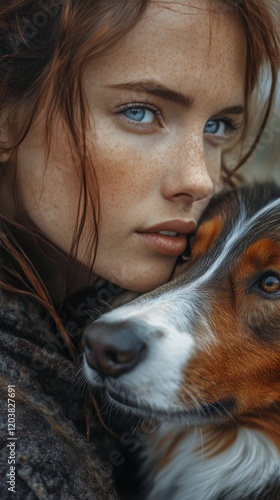 Young woman with freckled skin cuddling her golden retriever in a cozy settin...